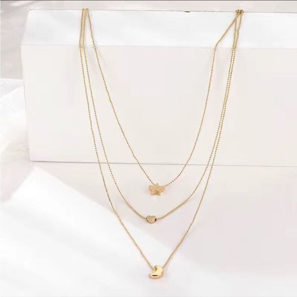 Cute Classy Celestial Trending Layered Necklace — Moon Star Heart - Picture 2 of 6